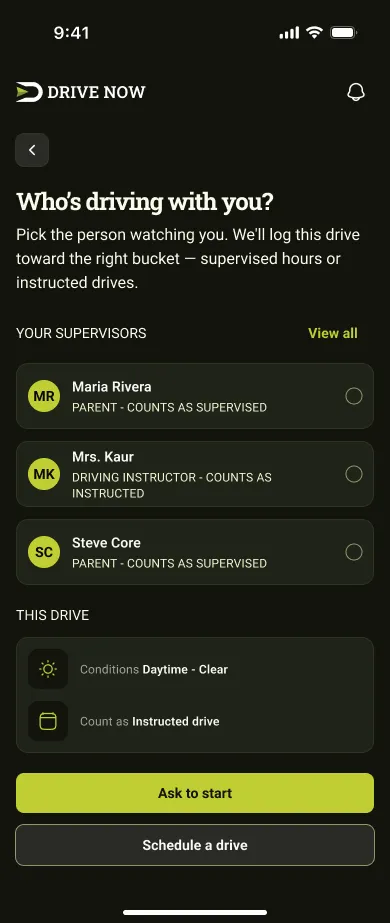 Drive Now ‘who’s driving with you’ supervisor selection screen