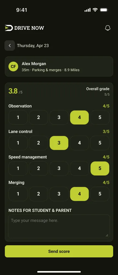 Drive Now instructor grading screen scoring observation, lane control, speed management and merging, with notes for the student and parent