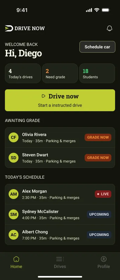 Drive Now instructor home screen showing today’s drives, students awaiting a grade, and a schedule of live and upcoming drives