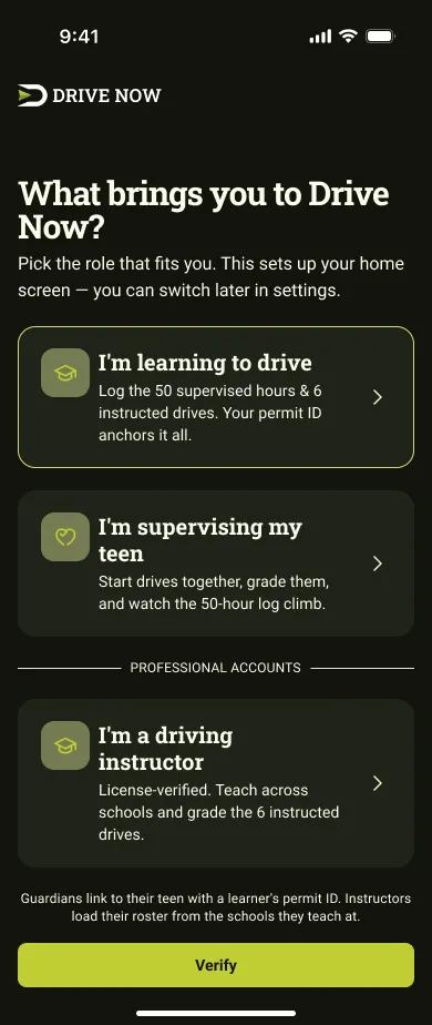 Drive Now role selection screen