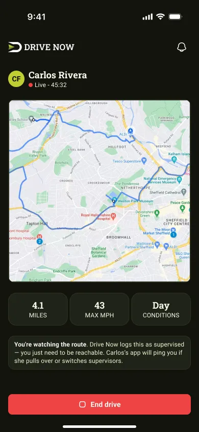Drive Now guardian live-tracking screen with a map of the student’s route