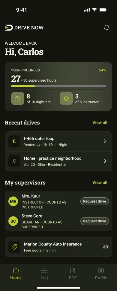 Drive Now student home screen showing supervised-hours progress, recent drives, and supervisors