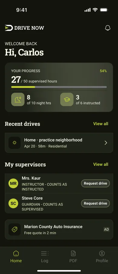 Drive Now student home screen with a sample sponsored advertiser placement above the tab bar